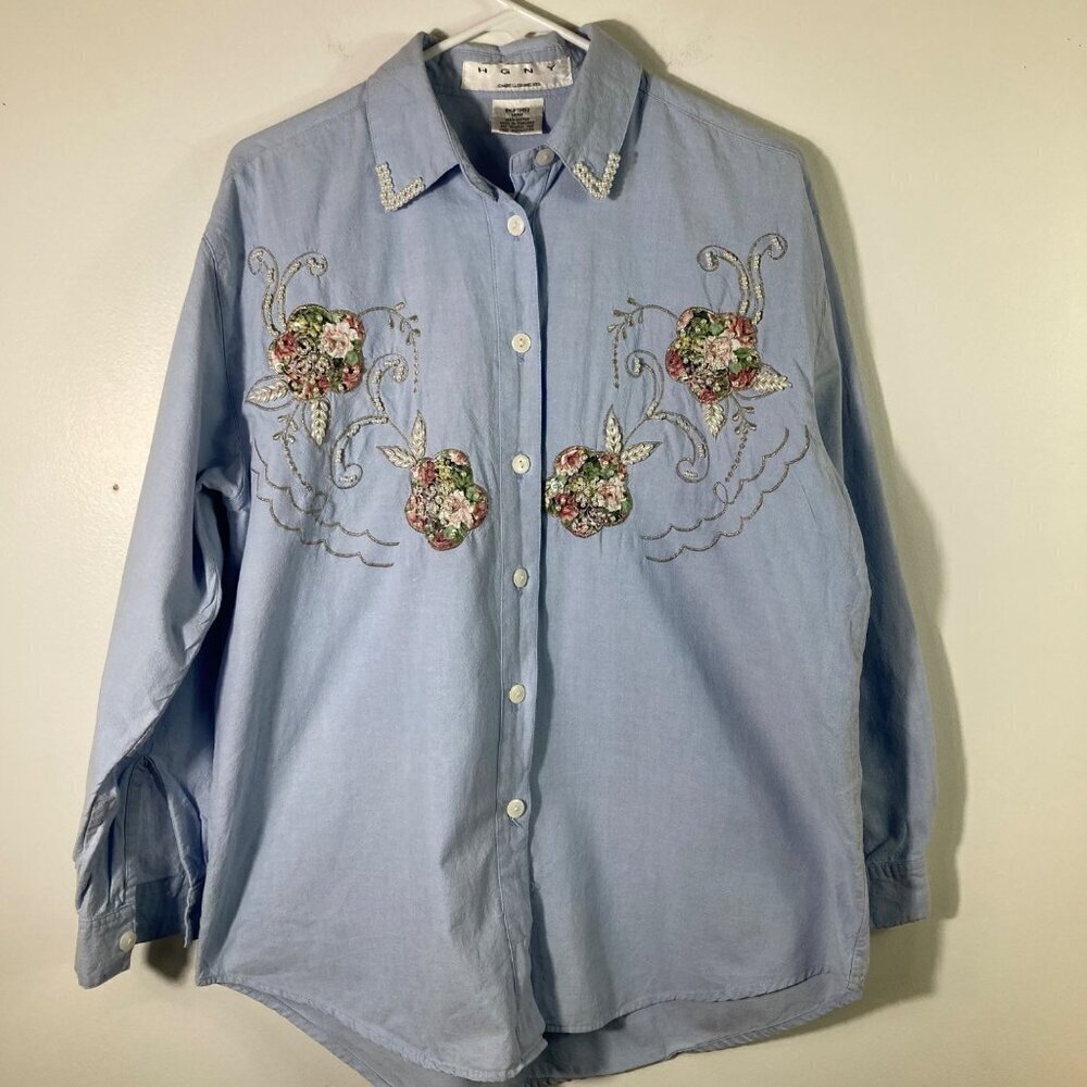 Womens Vintage HGNY Floral Faux‎ Pearl Long Sleeve Button Western Shirt L